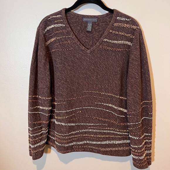 Northern Isles Reverse Knit Knotted Waves Neutral V-Neck Sweater Hand Knit XL - Picture 2 of 13